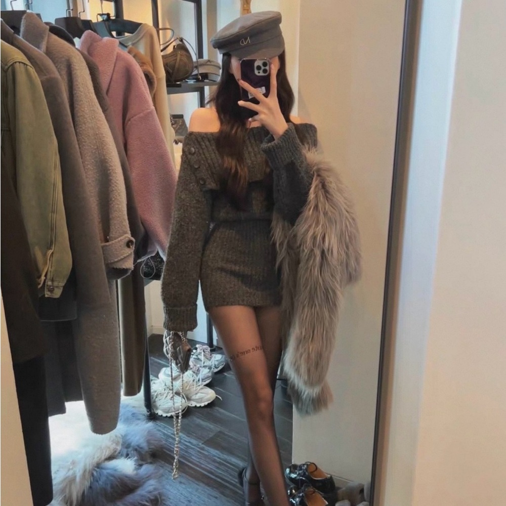Gray Off-Shoulder Sweater Dress
